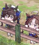  2girls :3 ahoge animal_ears beret blush breasts brown_hair chibi commentary_request fence grass hair_between_eyes hair_ornament hat highres horse_ears horse_girl meisho_doto_(umamusume) mole multiple_girls nibbling purple_eyes umamusume vivlos_(umamusume) 