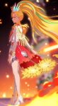  1girl absurdres blonde_hair blue_hair blurry blurry_background commentary_request earrings fire from_side full_body glowing glowing_weapon gold_trim high_heels high_ponytail highres holding holding_sword holding_weapon jacket jennifer_sumire_sol jewelry long_hair long_sleeves looking_ahead momokan_(mmkn100) multicolored_hair pretty_series profile red_eyes skirt solo standing streaked_hair sword very_long_hair waccha_primagi! weapon white_jacket white_skirt 