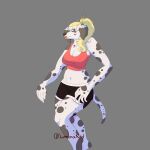 anthro big_breasts black_body black_fur blonde_hair blue_eyes bottomwear breasts canid canine canis cel-shading clothed clothing crop_top dalmatian digital_media_(artwork) domestic_dog female fully_clothed fur hair hi_res luminared mammal markings ponytail shirt shorts solo spots spotted_markings standing thick_thighs topwear white_body white_fur