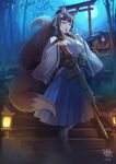  1girl 2024 animal_ears battle_rifle blue_eyes blue_hakama breasts brown_hair dango food fox_ears fox_girl fox_tail gun hair_ornament hakama highres hiroki_ree holding hololive howa_type_64 japanese_clothes kimono large_breasts long_hair looking_at_viewer rifle shirakami_fubuki shirakami_fubuki_(new_year) solo tail torii very_long_hair wagashi weapon white_kimono 