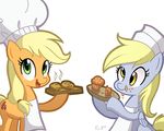  applejack_(mlp) apron blonde_hair chef_hat cutie_mark derp derpy_hooves_(mlp) duo equine female feral food freckles friendship_is_magic fruit green_eyes hair horse mammal muffin my_little_pony pegasus plain_background plate pony ric-m steam white_background wings yellow_eyes 