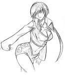  bad_deviantart_id bad_id breasts cleavage cleavage_cutout derivative_work greyscale hair_over_eyes highres hiroaki_(kof) large_breasts leaning_forward long_hair miniskirt monochrome navel ponytail popped_collar shermie skirt solo the_king_of_fighters ultima_original 