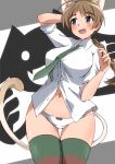  1girl absurdres animal_ears arm_behind_head black_ribbon blue_eyes blush bow bow_panties braid braided_ponytail breasts brown_hair cat_ears cat_tail collared_shirt commentary cowboy_shot crotch_seam dog_ears dog_girl green_necktie green_thighhighs hair_ribbon highres large_breasts long_hair lynette_bishop md5_mismatch miyafuji_yoshika multicolored_clothes multicolored_legwear navel necktie no_pants open_mouth panties partially_unbuttoned revision ribbon shiny_skin shirt silhouette silhouette_demon single_braid sleeves_rolled_up smile solo standing strike_witches striped_clothes striped_thighhighs sweatdrop tail textless_version thigh_gap thighhighs tricky_46 underwear white_panties white_shirt wing_collar world_witches_series 