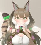  1girl animal_ears bare_shoulders camouflage cat_ears cat_girl cat_tail elbow_gloves extra_ears fingerless_gloves gloves green_eyes grey_hair highres jacket jungle_cat_(kemono_friends) kemono_friends kemono_friends_v_project long_hair looking_at_viewer microphone ribbon scarf shirotsu116478 shirt simple_background solo tail twintails upper_body virtual_youtuber 