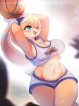  1girl absurdres animal_ears armpits arms_up ball basketball basketball_(object) blush body_fur breasts clothes_writing furry furry_female gloves green_eyes highres holding holding_ball large_breasts lola_bunny looney_tunes midriff navel one_eye_closed open_mouth rabbit_ears rabbit_girl solo space_jam stomach sweat teeth upper_teeth_only white_gloves whooo-ya 