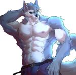  1boy abs absurdres animal_ears arm_behind_head bara blue_pants dislyte ear_piercing earrings english_commentary furry furry_male highres jewelry male_focus muscular muscular_male nipples pants pectorals piercing sunglasses tail topless_male twitter_username white_background wolf_boy wolf_ears wolf_tail zappitoo_(kaiserdraws) 