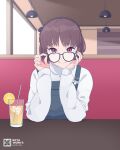  1girl absurdres adjusting_eyewear booth_seating brown_hair cup dating drink eyewear_on_head glass glasses highres niijima_makoto overalls persona persona_5 pov red_eyes restaurant rifyaa solo sweater white_sweater 