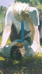  2boys absurdres akaashi_keiji black_pants blue_necktie bokuto_koutarou brown_hair chengongzi123 colored_eyelashes commentary facing_away facing_down facing_up full_body grass haikyuu!! hand_in_another&#039;s_hair highres long_hair lying male_focus multiple_boys necktie on_back outdoors pants pinned school_uniform shirt short_sleeves striped_necktie symbol-only_commentary tree very_long_hair white_hair white_shirt yaoi 