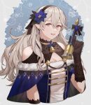  1girl ai_tkkm alternate_costume bare_shoulders bell black_gloves black_hairband blue_dress blue_flower christmas clothing_cutout commentary_request corrin_(female)_(fire_emblem) corrin_(fire_emblem) dress earrings fire_emblem fire_emblem_fates flower gloves grey_hair hair_between_eyes hair_flower hair_ornament hairband highres holding holding_bell jewelry long_hair looking_at_viewer open_mouth pointy_ears red_eyes shoulder_cutout smile solo 