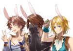 3boys animal_ears armor ascot bartz_klauser bead_bracelet bead_necklace beads black_gloves black_jacket blonde_hair blue_eyes blue_tank_top blue_vest bracelet bridal_gauntlets brown_gloves brown_hair chain_necklace circlet closed_eyes covering_face covering_own_eyes dangle_earrings dissidia_final_fantasy double_v earrings final_fantasy final_fantasy_ix final_fantasy_v final_fantasy_viii forced_smile fur-trimmed_jacket fur_trim gloves gold_bracelet hand_on_own_ear hand_up hands_up happy high_collar jacket jewelry kemonomimi_mode leaning_forward long_sleeves male_focus multiple_boys necklace open_mouth pauldrons rabbit_ears sasanomesi shirt shoulder_armor shoulder_strap simple_background single_pauldron smile squall_leonhart sweatdrop tank_top teeth upper_body upper_teeth_only v vest white_background white_shirt wrist_cuffs zidane_tribal 