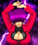  arms_up breasts cleavage cleavage_cutout earrings hair_over_eyes huge_breasts impossible_clothes jewelry large_breasts leotard lightning lipstick lowres makeup nail_polish pluco purple_hair shermie smile solo split_ponytail the_king_of_fighters twintails 
