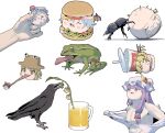  4girls absurdres ant bare_shoulders bat_wings bird blonde_hair blue_hair blunt_bangs bug burger cheese crescent crescent_hat_ornament crow cup disposable_cup dung_beetle fang flandre_scarlet food frog frog_tongue hat hat_ornament highres juice long_hair mob_cap moriya_suwako multicolored_wings multiple_girls onion_rings open_mouth orange_juice patchouli_knowledge pink_hat purple_eyes purple_hair remilia_scarlet teeth tomato tomato_slice tongue tongue_out touhou white_background white_hat wings yellow_eyes youpofen yukkuri_abuse yukkuri_shiteitte_ne 