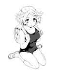  ahoge alternate_costume backpack bag bare_legs bare_shoulders bel_(pokemon) breasts full_body greyscale hirosuke_(psychexx) looking_at_viewer medium_breasts monochrome one-piece_swimsuit pokemon pokemon_(game) pokemon_bw school_swimsuit short_hair solo swimsuit 