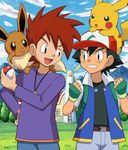  :p akanbe black_hair clenched_hands clenched_teeth eevee eye_contact fingerless_gloves gen_1_pokemon gloves hand_on_hip hat holding holding_poke_ball jewelry looking_at_another multiple_boys necklace on_head ookido_shigeru open_mouth parted_lips pikachu poke_ball poke_ball_(generic) pokemoa pokemon pokemon_(anime) pokemon_(classic_anime) pokemon_(creature) pokemon_on_head pokemon_on_shoulder satoshi_(pokemon) standing teeth tongue tongue_out uneven_eyes windmill 