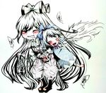  blush cirno closed_eyes crying feathers fujiwara_no_mokou ice ice_wings long_hair multiple_girls open_mouth ribbon smile suspenders tears touhou very_long_hair white_background wings 