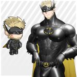  1boy adam&#039;s_apple bara batman batman_(cosplay) batman_(series) beard bulge character_request chibi cosplay covered_nipples cowboy_shot dc_comics ero_condo facial_hair full_beard kienbiu large_pectorals male_focus muscular muscular_male official_alternate_costume paid_reward_available pectorals short_hair simple_background solo standing superhero_costume 