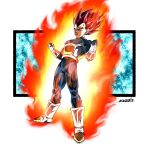  1boy aura blue_bodysuit bodysuit boots dragon_ball dragon_ball_super dragon_ball_super_broly gloves highres looking_at_viewer medium_hair muscular muscular_male noir_illust red_eyes red_hair signature solo spiked_hair super_saiyan super_saiyan_god vegeta white_footwear white_gloves 