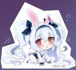  1girl all_fours animal_ears azur_lane blue_leotard blue_ribbon blush chibi crossed_bangs fake_animal_ears fake_tail hair_ribbon laffey_(azur_lane) laffey_ii_(azur_lane) laffey_ii_(sleepy_on_a_busy_day)_(azur_lane) leotard long_hair long_sleeves looking_at_viewer official_alternate_costume pantyhose playboy_bunny purple_background rabbit_ears rabbit_tail red_eyes ribbon signature simple_background solo tail takemi_mochi white_hair white_pantyhose white_sleeves 