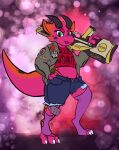 anthro ballista_(fahrun) big_gun big_tail bomber_jacket bottomwear clothing crop_top cutoffs denim denim_bottomwear denim_clothing digital_drawing_(artwork) digital_media_(artwork) digitigrade female gun hand_on_hip hi_res horn humanoid knee_pads kobold legwear looking_at_viewer midriff mottled multicolored_body patched_clothing ranged_weapon shadowrun shirt shorts sigmand simple_background solo tabletop_game tail thigh_highs thong_straps tongue tongue_out topwear weapon