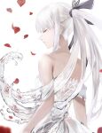  1girl black_bow bow braid closed_eyes dress facing_away fate/grand_order fate_(series) flower french_braid grey_hair highres long_hair morgan_le_fay_(fate) petals ponytail sleeveless solo tagme tte_(t_ombi) very_long_hair water white_background white_dress 