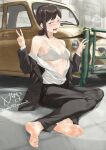  1girl absurdres artist_name barefoot black_hair black_jacket black_pants black_suit blush bra breasts brown_eyes brown_hair car chainsaw_man cleavage collared_shirt commentary_request double_v eyelashes feet formal full_body hair_ornament hairclip higashiyama_kobeni highres jacket legs looking_at_viewer mbr90munouk medium_breasts medium_hair mole mole_under_eye mole_under_mouth motor_vehicle off_shoulder on_ground open_clothes open_mouth open_shirt pants parted_bangs shadow shirt short_ponytail signature single_sidelock sitting soles solo suit suit_jacket sweat sweatdrop swept_bangs tile_floor tiles toenails toes twitter_username unbuttoned underwear v watermark white_bra white_shirt 
