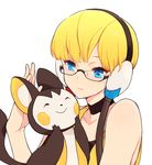  ^_^ bare_shoulders bespectacled blonde_hair blue_eyes closed_eyes emolga gen_5_pokemon glasses gym_leader hirosuke_(psychexx) kamitsure_(pokemon) petting pokemon pokemon_(creature) pokemon_(game) pokemon_bw short_hair upper_body 