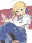  ahoge artoria_pendragon_(all) bad_id bad_pixiv_id blonde_hair casual doughnut dress eating fate/stay_night fate_(series) food green_eyes hair_ribbon heart pantyhose ribbon saber short_hair solo yoshida_morohe 