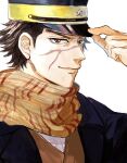  1boy brown_eyes close-up commentary_request gerende15 golden_kamuy hand_on_headwear hat highres jacket long_sleeves looking_at_viewer male_focus military_hat orange_eyes profile scar scar_on_face scarf simple_background smile solo sugimoto_saichi upper_body white_background 