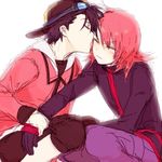  backwards_hat baseball_cap black_hair blush closed_eyes gloves goggles goggles_on_head gold_(pokemon) hat hirosuke_(psychexx) holding kiss male_focus multiple_boys pokemon pokemon_special red_hair shy silver_(pokemon) sitting sketch yaoi 