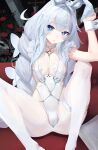  1girl :o absurdres ahoge animal_ears azur_lane blue_eyes braid breasts butterfly_hair_ornament choker couch covered_nipples cross-shaped_pupils english_commentary fake_animal_ears flower grey_hair hair_ornament head_tilt highres knees_apart_feet_together le_malin_(azur_lane) le_malin_(listless_lapin)_(azur_lane) leotard long_hair looking_at_viewer low_twin_braids m_legs nontraditional_playboy_bunny nstch_root_a o-ring o-ring_choker on_couch pantyhose pillow playboy_bunny rabbit_ears reclining red_flower red_rose rose small_breasts symbol-shaped_pupils thigh_strap twin_braids very_long_hair white_leotard white_pantyhose wrist_cuffs 