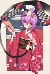  1girl absurdres animal_ears calligraphy_brush cosmic_break facial_tattoo hair_between_eyes highres japanese_clothes kimono looking_at_viewer mouse paintbrush pink_kimono purple_hair rabbit_ears red_eyes renny_lop robot_ears sgame_deme short_hair smile tattoo 