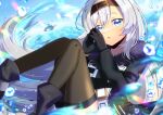  1girl azur_lane black_footwear black_gloves black_jacket blue_eyes blurry blurry_foreground bon_homme_richard_(azur_lane) boots brown_thighhighs commentary_request commission depth_of_field floating_hair fur-trimmed_jacket fur_trim gloves hair_between_eyes hands_up jacket knees_together_feet_apart knees_up kou_hiyoyo long_hair long_sleeves looking_at_viewer parted_lips skeb_commission solo steepled_fingers thick_eyebrows thighhighs thighhighs_under_boots very_long_hair water water_drop 