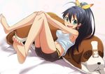  animal bare_legs barefoot black_hair bow breasts dan_(orange_train) dog earrings fang feet ganaha_hibiki green_eyes hair_bow hamster hamuzou idolmaster idolmaster_(classic) inumi jewelry long_hair medium_breasts midriff navel shiny shiny_skin shirt shorts sideboob sleeping soles st_bernard tank_top taut_clothes taut_shirt toes 