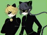  1boy 1girl adrien_agreste animal_ears bell black_bodysuit black_hair black_mask blonde_hair bodysuit braid cat_boy cat_ears cat_girl chat_noir closed_mouth green_background green_eyes jingle_bell lady_noir looking_at_another marinette_dupain-cheng miraculous_ladybug seio_(nao_miragggcc45) slit_pupils smile superhero_costume upper_body 