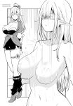  1girl artist_name boots breasts cleavage closed_eyes commentary_request dated elf full_body grey_background greyscale highres kichihachi large_breasts long_hair monochrome multiple_views navel nude original pointy_ears ponytail standing thigh_strap two-tone_background wet white_background 