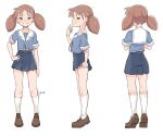  1girl absurdres arm_at_side azumanga_daioh azumanga_daioh&#039;s_school_uniform blue_ribbon blue_serafuku blue_shirt blue_skirt brown_eyes brown_footwear brown_hair closed_mouth clothes_lift facing_away from_behind from_side full_body hand_on_own_hip hand_up highres kneehighs lifted_by_self light_blush loafers looking_at_viewer looking_to_the_side medium_hair midriff_peek mihama_chiyo multiple_views narrowed_eyes naughty_face neck_ribbon pleated_skirt raised_eyebrows ribbon sailor_collar school_uniform serafuku shirt shoes short_twintails simple_background skindentation skirt skirt_lift smile smug socks solo_focus summer_uniform teasing tiptoes translated twintails white_background white_sailor_collar white_socks zlix0n 