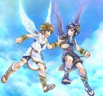  angel bad_id bad_pixiv_id blue_eyes brown_hair chiton dark_pit dual_persona head_wreath highres kid_icarus kid_icarus_uprising multiple_boys pit_(kid_icarus) purple_hair red_eyes sandals scarf shiga_(nattou_mo) wings 