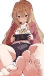 1girl :&lt; aisaka_taiga animal_print barefoot black_shorts blush brown_hair commentary_request double-parted_bangs feet foot_focus foreshortening frown glaring hair_between_eyes handheld_game_console highres holding holding_handheld_game_console jacket jitome long_hair long_sleeves looking_at_viewer navel nintendo_switch open_clothes open_jacket orobou paid_reward_available print_shirt red_eyes red_jacket shirt shorts sidelocks simple_background sitting soles solo tiger_print toes toradora! v-shaped_eyebrows very_long_hair wavy_hair white_background white_shirt 