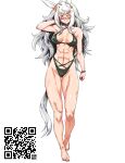  1girl abs absurdres alternate_costume animal_ears bikini biwa_hayahide_(umamusume) black_bikini bracelet breasts cleavage closed_mouth commentary_request ear_ornament feet full_body grey_hair highres horse_ears horse_girl horse_tail jewelry large_breasts long_hair minew muscular muscular_female navel qr_code red-framed_eyewear semi-rimless_eyewear simple_background smile solo swimsuit tail umamusume under-rim_eyewear white_background yellow_eyes 