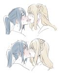  2girls blonde_hair blue_hair blush commentary_request eye_contact french_kiss highres kiss korean_commentary long_hair looking_at_another love_live! love_live!_sunshine!! matsuura_kanan multiple_girls ohara_mari pito_(sh02327) ponytail saliva simple_background single_hair_ring sweat tongue tongue_out twitching white_background yuri 