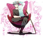  alternate_costume bad_id bad_pixiv_id blue_hair bokken boots chair gintama goggles goggles_on_head halut-ricca male_focus red_eyes sakata_gintoki silver_hair sitting smile solo sword weapon wooden_sword 