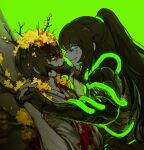  2boys armor black_armor black_hair blood blood_in_hair blood_on_clothes blood_on_face blue_eyes branch colored_tongue covering_another&#039;s_mouth dutch_angle e.g.o_(project_moon) flaw_eight flower green_background green_tongue hair_flower hair_ornament hands_up highres holding_another&#039;s_wrist hong_lu_(project_moon) limbus_company multiple_boys parted_lips project_moon simple_background smle upper_body wings yellow_eyes yellow_flower yi_sang_(project_moon) 