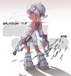  1girl agent_8_(splatoon) ange-yi arms_at_sides artist_name bare_shoulders bodysuit boots closed_mouth copyright_name dark-skinned_female dark_skin detached_sleeves dual_wielding earrings english_commentary fish from_behind full_body grey_eyes grey_hair highres holding holding_weapon ink_tank_(splatoon) jewelry long_hair looking_at_viewer looking_back octoling octoling_girl octoling_player_character order_dualies_(splatoon) see-through see-through_sleeves single_detached_sleeve sleeveless sleeveless_bodysuit socks solo splatoon_(series) splatoon_3 splatoon_3:_side_order suction_cups tentacle_hair weapon white_background white_bodysuit white_footwear white_socks 