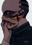  1boy black_hair black_shirt death&#039;s_head_hawkmoth finger_in_own_mouth from_side golden_kamuy grey_background highres instagram_username long_sleeves male_focus mask naruysae scar scar_on_face shirt short_hair simple_background solo tsurumi_tokushirou tumblr_username twitter_username 