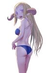  1girl ass bikini blonde_hair blue_bikini breasts hasukawa_isaburou highres horns long_hair looking_at_viewer looking_back medium_breasts open_mouth original ringed_eyes sharp_teeth simple_background sketch solo swimsuit teeth white_background 