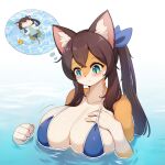  1girl absurdres animal_ear_fluff animal_ears bikini blue_bikini body_fur breasts brown_hair collarbone furry furry_female green_eyes hand_on_own_chest highres imagining large_breasts long_hair looking_down nana_(whooo-ya) orange_fur original partially_submerged ponytail slit_pupils solo swimsuit two-tone_fur water white_fur whooo-ya 