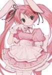  1girl animal_ears apron breasts closed_mouth cowboy_shot di_gi_charat dress gloves hair_ornament hair_ribbon hairpin hand_up highres long_hair looking_at_viewer pepeppepe101 pink_dress pink_hair puffy_short_sleeves puffy_sleeves rabbit_ears red_eyes ribbon short_sleeves small_breasts smile solo standing twintails usada_hikaru waist_apron white_apron white_gloves 