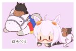  1girl animal animal_ears animalization biwa_hayahide_(racehorse) biwa_hayahide_(umamusume) black_cat blue_eyes blush_stickers cat chibi glasses gomashio_(goma_feet) grey_hair grey_shirt hair_between_eyes horse_ears horse_girl horse_tail jitome long_hair long_sleeves lying narita_taishin_(racehorse) narita_taishin_(umamusume) on_stomach pink_background red-framed_eyewear semi-rimless_eyewear shirt simple_background tail translation_request umamusume under-rim_eyewear very_long_hair winning_ticket_(racehorse) winning_ticket_(umamusume) |_| 