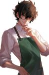  1boy absurdres amamiya_ren apron artist_name black-framed_eyewear black_hair closed_mouth collared_shirt commentary glasses green_apron highres looking_at_viewer male_focus persona persona_5 shiiyou shirt short_hair simple_background smile solo twitter_username upper_body white_background white_shirt 