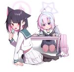  2girls animal_ears bag black_hair black_pantyhose blue_archive blue_hair blush book cat_ears closed_mouth colored_inner_hair food grey_skirt hair_ornament hairclip halo highres holding holding_food holding_pen kazusa_(blue_archive) long_hair long_sleeves macaron multicolored_hair multiple_girls no_shoes open_book open_mouth pantyhose pen pink_hair purple_eyes purple_halo red_eyes reisa_(blue_archive) seiza shirt short_hair simple_background sitting skirt star_(symbol) star_hair_ornament table white_background white_shirt white_skirt whonyang writing 
